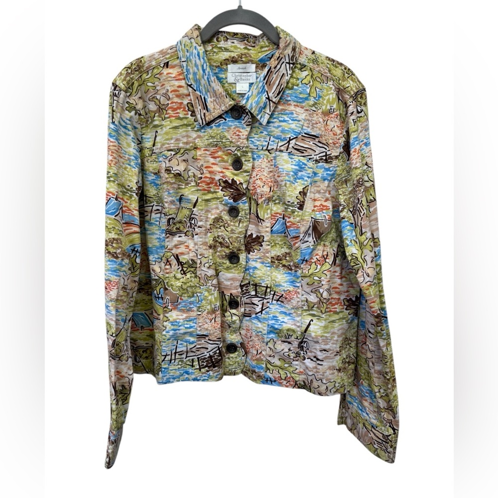 Christopher & Banks Watercolor Landscape Scene Jacket size Large - Picture 2 of 8